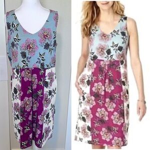 J Jill Multicolor Floral Color Block Soft Jersey Knit V-Neck Midi Dress Pockets